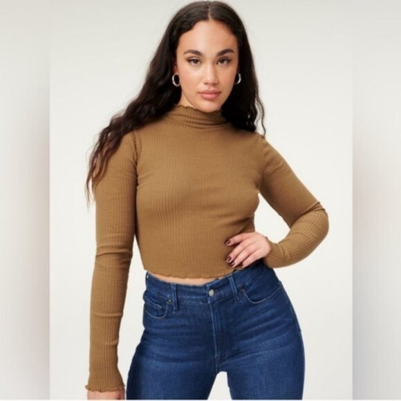 Good American Ribbed Mock Neck Long Sleeve Size 6 Gold Brown Women's Large - Picture 1 of 6